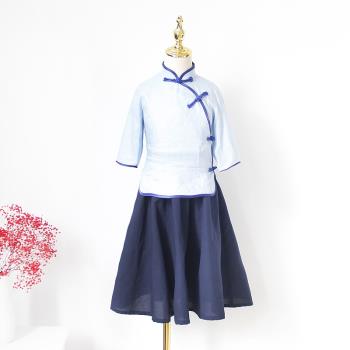 新款春裝女童復古中國民族風套裝漢服上衣半身裙兒童寶寶兩件