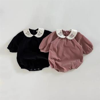 ins韓版嬰兒春秋刺繡娃娃領長袖連體哈衣女寶寶甜美燈芯絨爬服