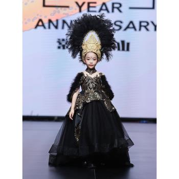 女童晚禮服2024新款黑色高階霸氣兒童公主模特走秀舞臺比賽演出服