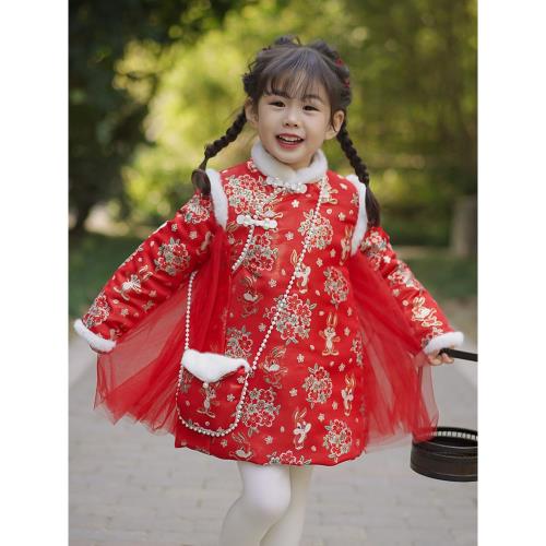女童拜年服冬裝加厚夾棉兒童旗袍冬季紅色喜慶寶寶中國風新年漢服