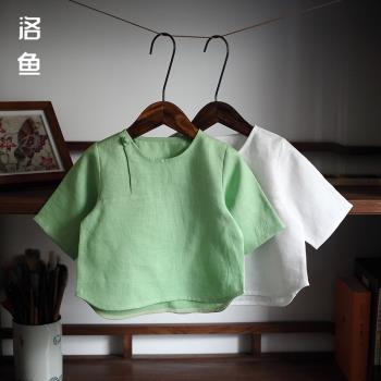 兒童春夏寶寶手工純亞麻八分短袖T恤套裝中國風男女童燈籠防蚊褲