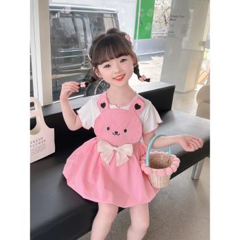 女童夏季洋氣背帶裙套裝兒童短袖夏裝2024新款韓版公主小女孩衣服