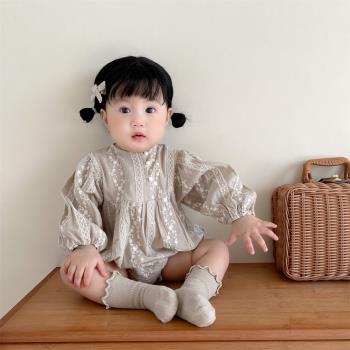 INS韓版嬰幼兒寶寶繡花公主洋氣連體衣爬服百天周歲蕾絲刺繡哈衣