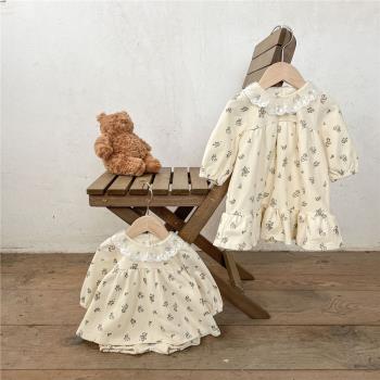 ins韓版春季嬰幼兒碎花連衣裙女寶寶花邊領上衣短褲兩件套姐妹裝