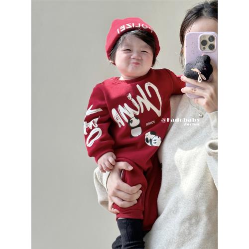 2024秋冬裝韓版嬰兒可愛熊貓加絨連體衣男女寶寶加厚保暖爬服送帽