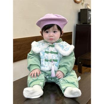 23冬款嬰兒中國風雙層夾棉加厚連體衣女寶寶滿月百天周歲保暖爬服