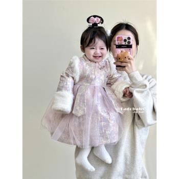 嬰幼兒冬裝中式毛絨拼接連衣裙女童寶寶加絨中國風外出保暖新年服