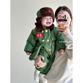 嬰兒棉服東北軍大衣夾棉加厚連體衣冬季新生兒加絨保暖爬服外出服