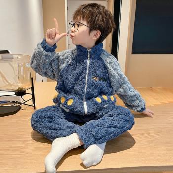兒童珊瑚絨睡衣男童秋冬季可愛長袖套裝加厚款法蘭絨小男孩家居服