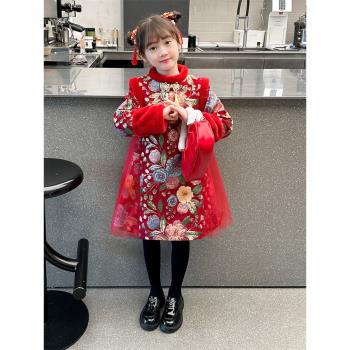 女童旗袍裙新款冬季加絨加厚加棉中國風紅色喜慶新年拜年服連衣裙