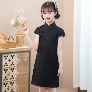 女童黑色日常時尚洋氣蕾絲旗袍