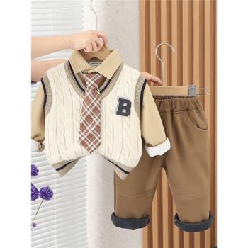 嬰兒衣服秋冬季2023新款洋氣英倫學院風加絨套裝一週歲男寶寶冬裝