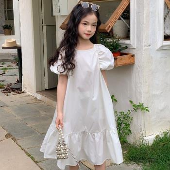 女童白色連衣裙夏天泡泡袖裙子波西米亞度假風長裙沙灘裙中大童潮