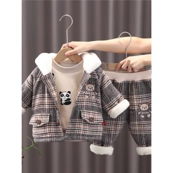 男童冬裝寶寶秋冬季嬰兒童1衣服女童3歲2024新款加絨加厚三件套裝