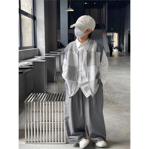 男童開衫毛衣2023新款洋氣中小童春秋裝外套兒童韓版格子針織衫潮