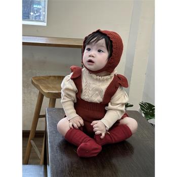 ins春秋款嬰兒針織連體衣背帶連體哈衣女寶寶紅色包屁衣送帽子