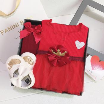 嬰兒禮盒公主裙衣服春夏秋季新生長袖連衣裙子女寶寶滿月周歲禮服