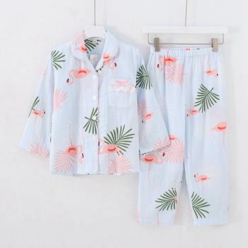 春秋女中大童長袖短袖長褲紗布半袖家居服套裝女童睡衣薄款秋純棉