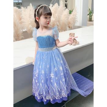 愛莎公主裙女童2024夏季新款小女孩洋氣高階生日禮服艾莎在逃裙子