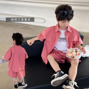 男童夏季短袖套裝2024年新款粉色工裝襯衣西裝短褲孩子潮流兩件套