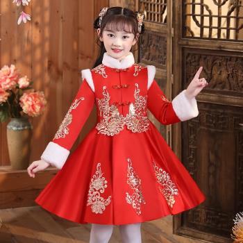 紅色冬裝旗袍加絨兒童拜年服