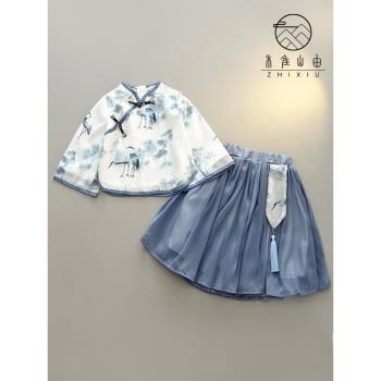 女童漢服套裝2023秋裝兒童古裝唐裝中國風童裝男童古風古箏演出服