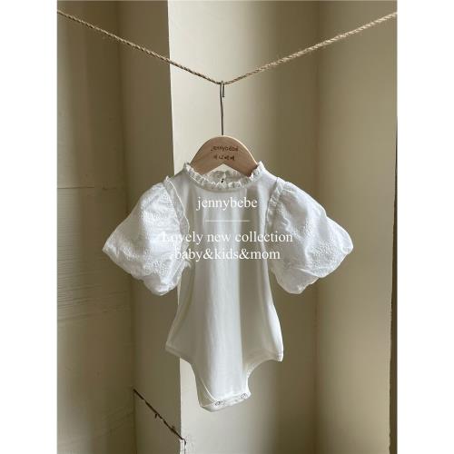 韓版ins夏新品 嬰兒刺繡蕾絲短袖包屁爬服 百天周歲寶寶連體哈衣