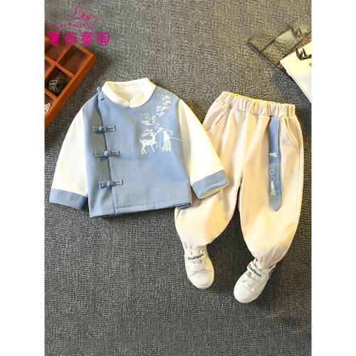 拜年服男童漢服新中式加絨套裝兒童中國風小少爺唐裝寶寶過年衣服