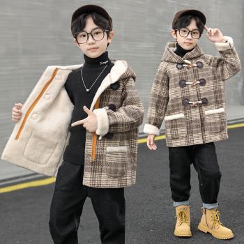 秋冬款格子帥氣加絨中長毛呢外套