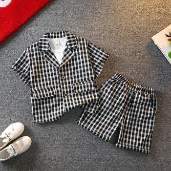 男童小西裝套裝夏季2023新款帥氣寶寶休閑衣服兒童短袖三件套禮服