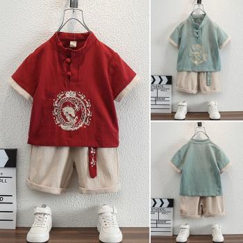 男童漢服夏季薄款套裝小男孩古風表演服寶寶唐裝兒童短袖棉麻童裝