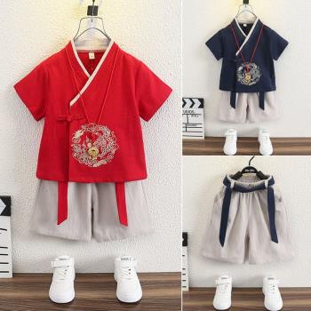 男童漢服夏季薄款帥氣小男孩古風表演服寶寶唐裝兒童禮服短袖套裝