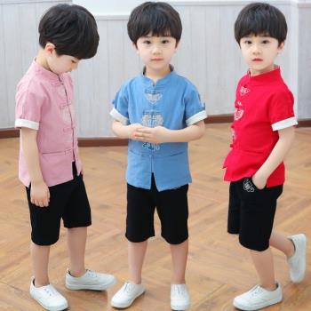 男童漢服中國風夏季短袖寶寶夏裝復古裝兒童唐裝套裝棉麻民族服裝