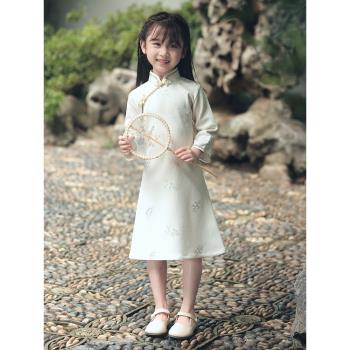 女童旗袍2023新款秋裝長袖小學生兒童女孩民國復古蕾絲旗袍連衣裙