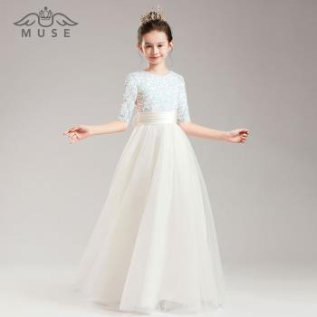 女童小提琴長款演出服中大童晚禮服白色兒童禮服公主長裙亮片中袖