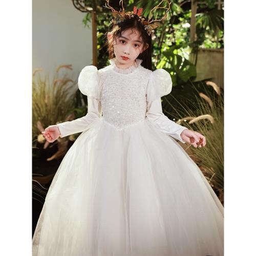 白色泡泡袖公主裙女童禮服花童婚禮小女孩兒童婚紗高端鋼琴演出服