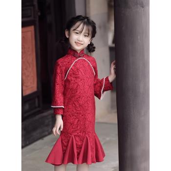 紅色女童旗袍新款2024秋冬長袖兒童唐裝公主裙魚尾改良古典中國風