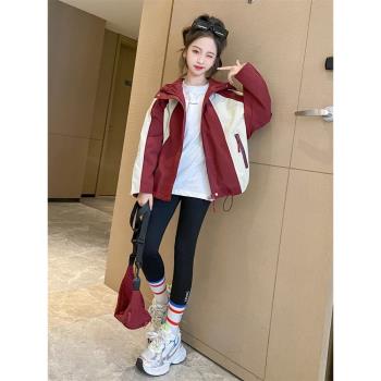 女童外套春秋款2024新款網紅洋氣兒童沖鋒衣女孩秋裝運動連帽上衣
