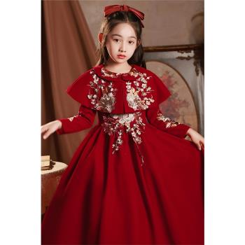 兒童禮服女童高階新年紅色絲絨生日公主裙蓬蓬鋼琴演奏演出服秋冬