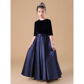 女童絲絨中袖鋼琴晚禮服公主裙演奏服兒童深蘭色主持人演出服長款