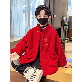 男童冬裝外套加絨加厚中國風唐裝拜年過年服喜慶中國紅男孩毛毛衣