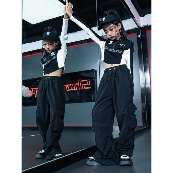 女童jazz爵士舞服女孩露臍上衣工裝褲現代舞表演服兒童街舞套裝潮