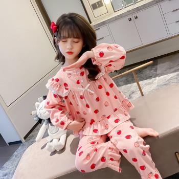 可愛春秋小孩長袖空調服棉綢睡衣