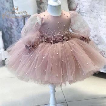 女童連衣裙兒童生日派對演出禮服中長袖釘珠小主持人公主蓬蓬短裙