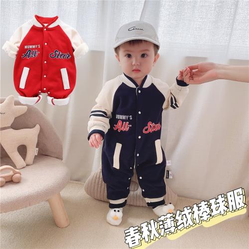 嬰兒5衣服7春裝4帥氣連體衣運動哈衣8個月寶寶9薄絨秋冬棒球服6潮
