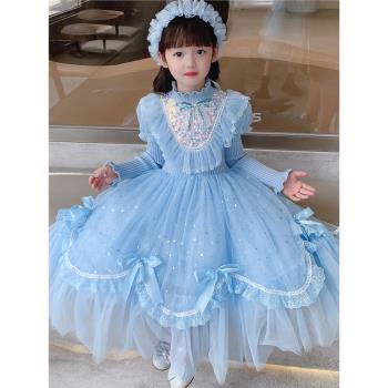 冰雪愛莎公主裙女童秋裝毛衣禮服生日艾沙童裝兒童冬裝藍色連衣裙