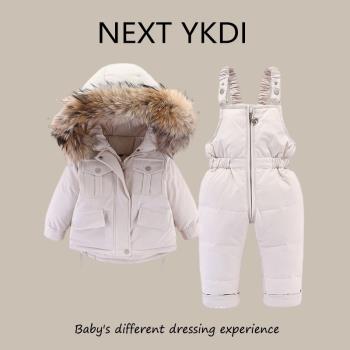 英國NEXT冬季嬰兒羽絨服套裝男女寶寶滑雪服兒童背帶褲上衣兩件套