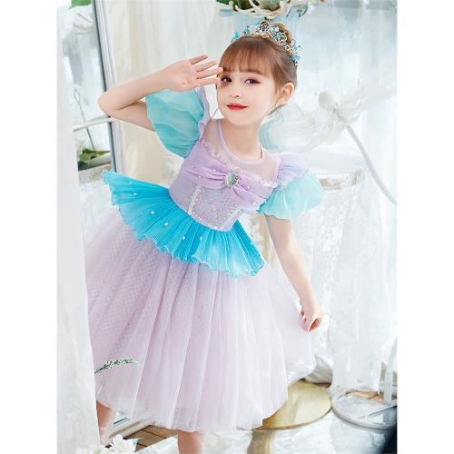 爆款女童美人魚公主裙兒童表演服cos愛麗兒扮演服泡泡短袖蓬蓬裙