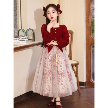 紅色長袖女童旗袍中式禮服公主裙