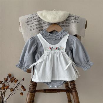 INS款春秋嬰幼兒單排扣長袖鄒鄒小格子哈衣女寶寶花邊吊帶小罩裙